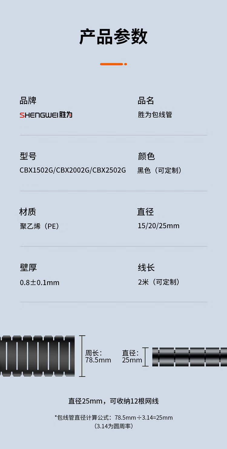 胜为（shengwei）包线管理线器桌面线束收纳束线管电脑汽车电源线缠绕整理保护套CBX2002G