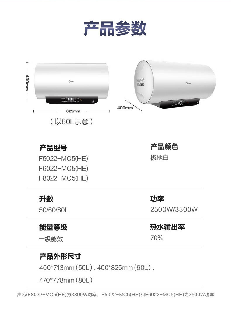 Midea电热水器家用储水式2200W速热 一级能效长效保温防电墙WiFi智能【50升-MC5】F5022-MC5(HE)极地白