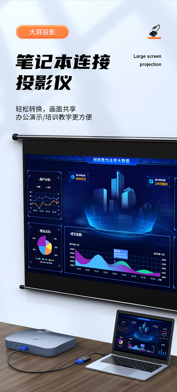 胜为（shengwei）HDMI转VGA线转换器 高清视频转接头 笔记本电脑机顶盒连接电视显示器投影仪 黑HV-602 3个装