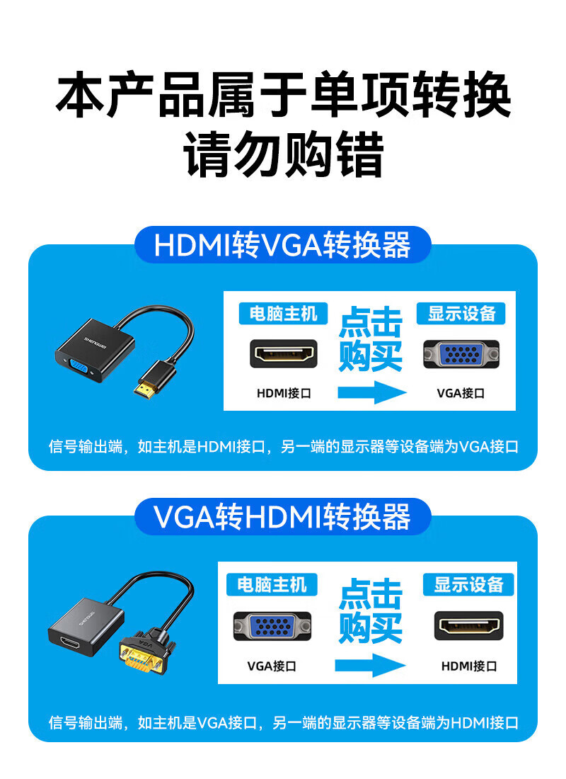 胜为（shengwei）HDMI转VGA线转换器 高清视频转接头 笔记本电脑机顶盒连接电视显示器投影仪 黑HV-602 3个装