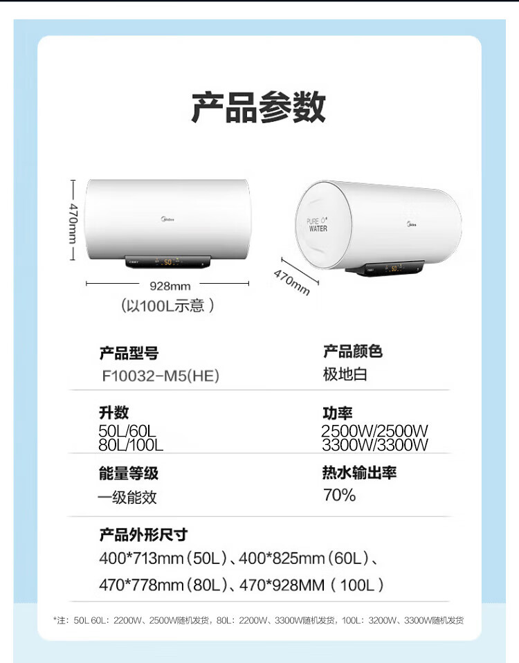 Midea电热水器电安全防漏电家用一级节能速热健康低耗保温大水量洗智能家电 F10032-M5(HE)极地白