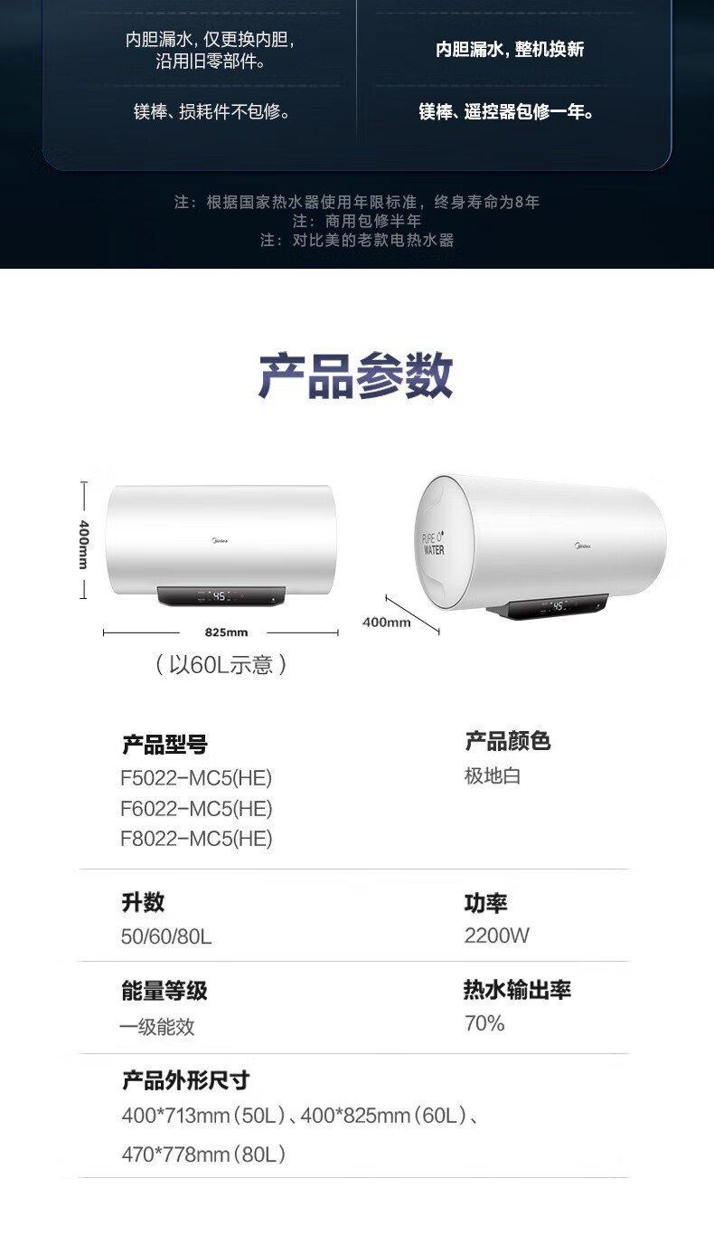 Midea电热水器家用储水式2200W速热 一级能效长效保温WiFi智能【80升-MC5】F8022-MC5(HE)极地白