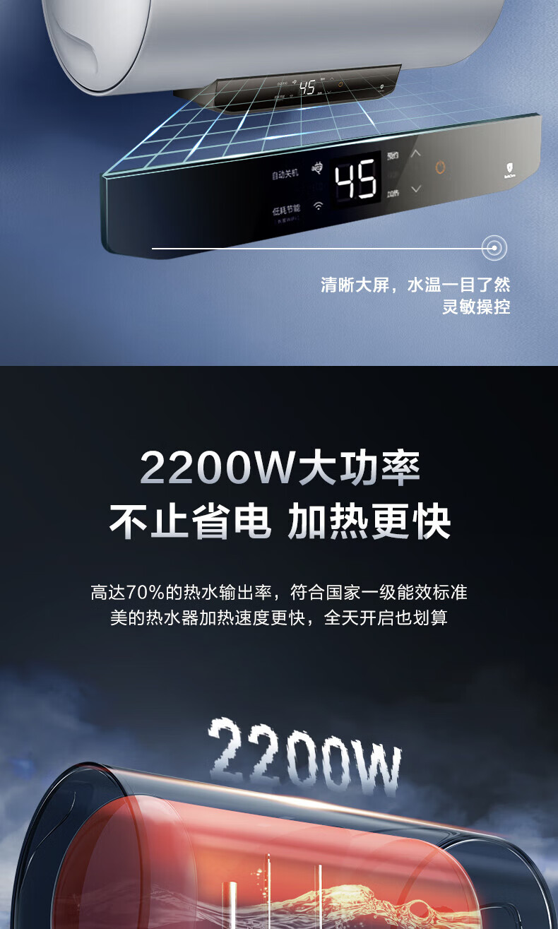 Midea电热水器家用储水式2200W速热 一级能效长效保温WiFi智能【80升-MC5】F8022-MC5(HE)极地白