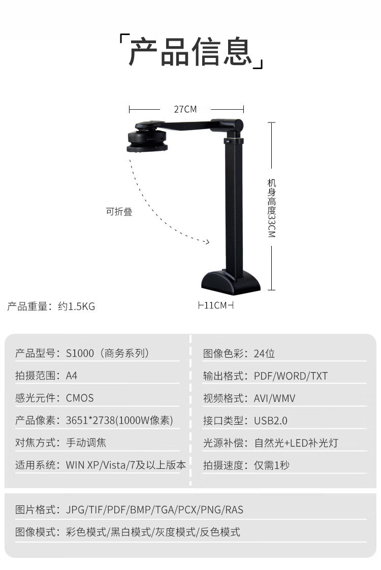良田（eloam）S1000高拍仪1000万像素A4幅面可手动调焦高清高速扫描仪 OCR识别 一键PDF 文件扫描