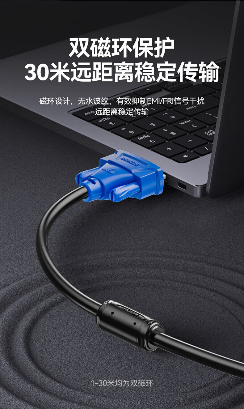 SAMZHE 山泽VGA线高清双磁环蓝头vga3+6线芯针/针10米显示器视频线数据信号线VM-1100