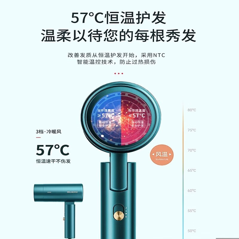 美菱电吹风机家用大功率高浓度负离子护发恒温吹风筒便携可折叠 皓月白 MI-C22