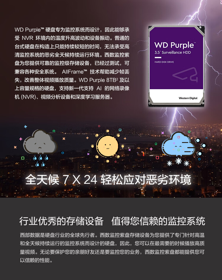西部数据（WD）紫盘WD84EJRX监控硬盘8T/128M