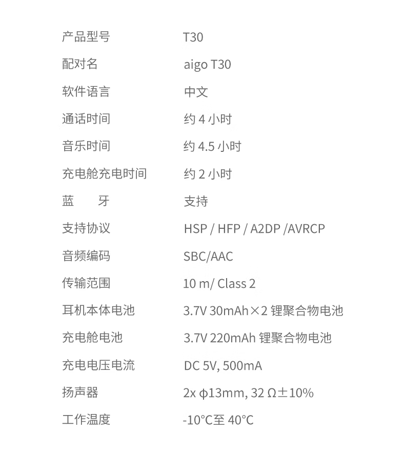 aigo爱国者 T30真无线蓝牙耳机高清蓝牙5.1 半入耳游戏运动音乐耳机 苹果华为小米安卓通用BAL-AL60