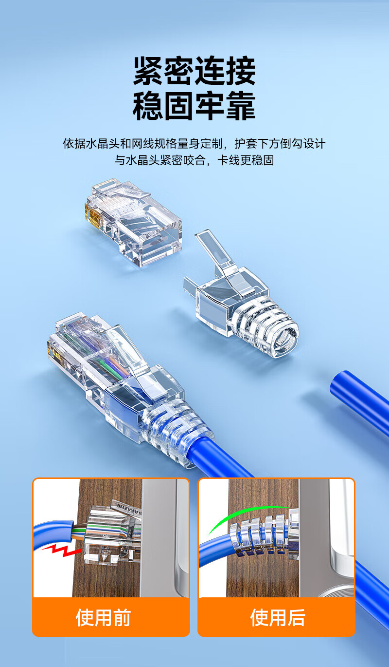 SAMZHE 山泽水晶头透明保护套内径6.5mm50个装六类6类网线RJ45网络护套透明款PT-07