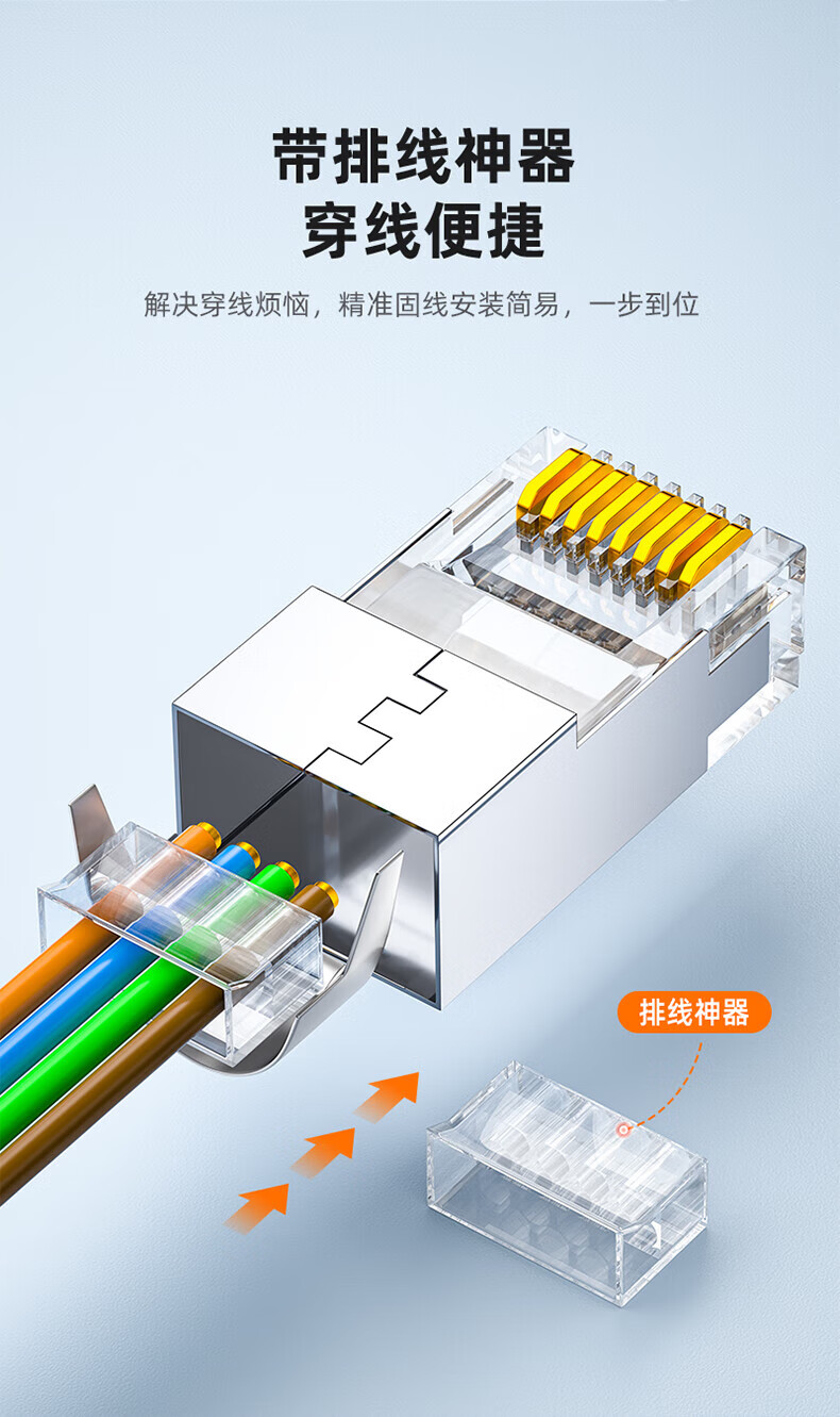 SAMZHE 山泽七类万兆铜壳屏蔽两件式CAT7水晶头FTP万兆网络RJ45头带尾夹1.3MM线孔50个装WL-50