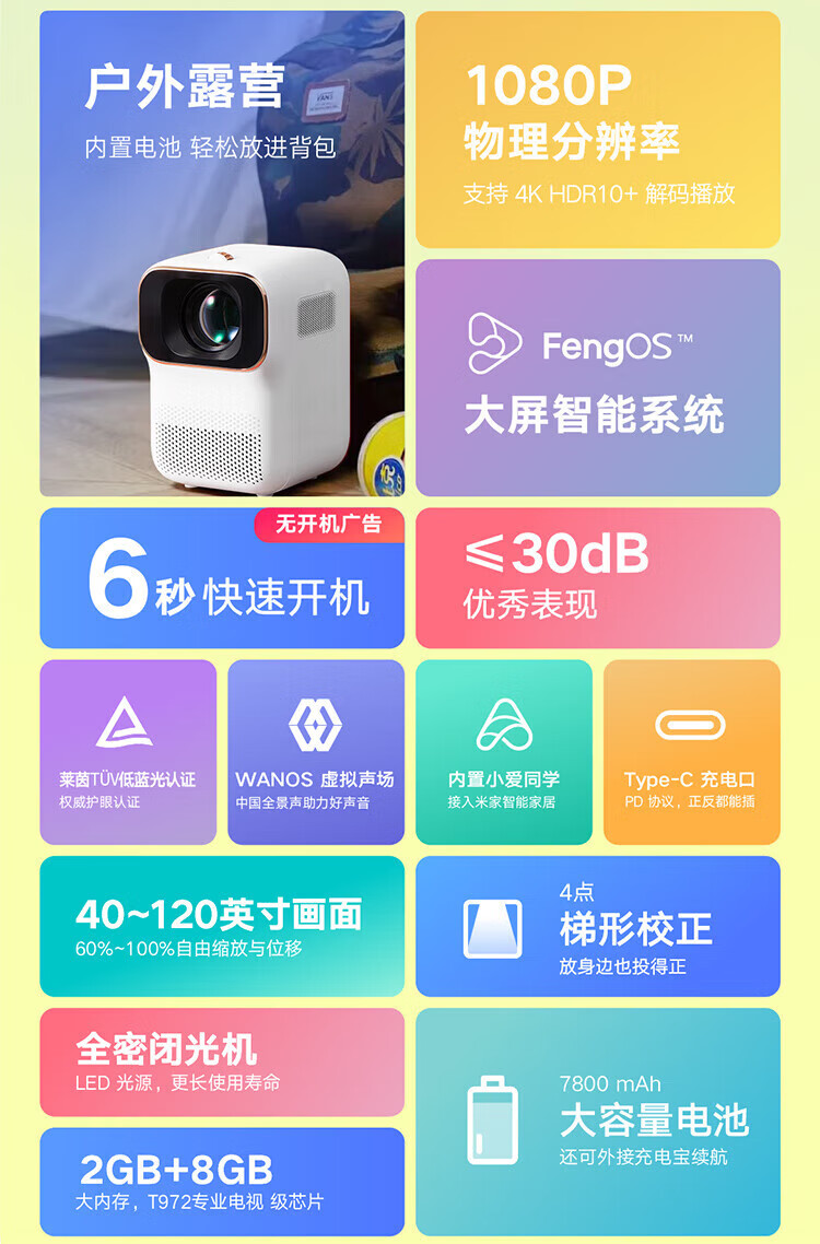 小明 Q1 投影仪家用 投影机 卧室超高清便携投影 迷你投影仪（内置电池 1080P高清 自动校正） Q1云朵白