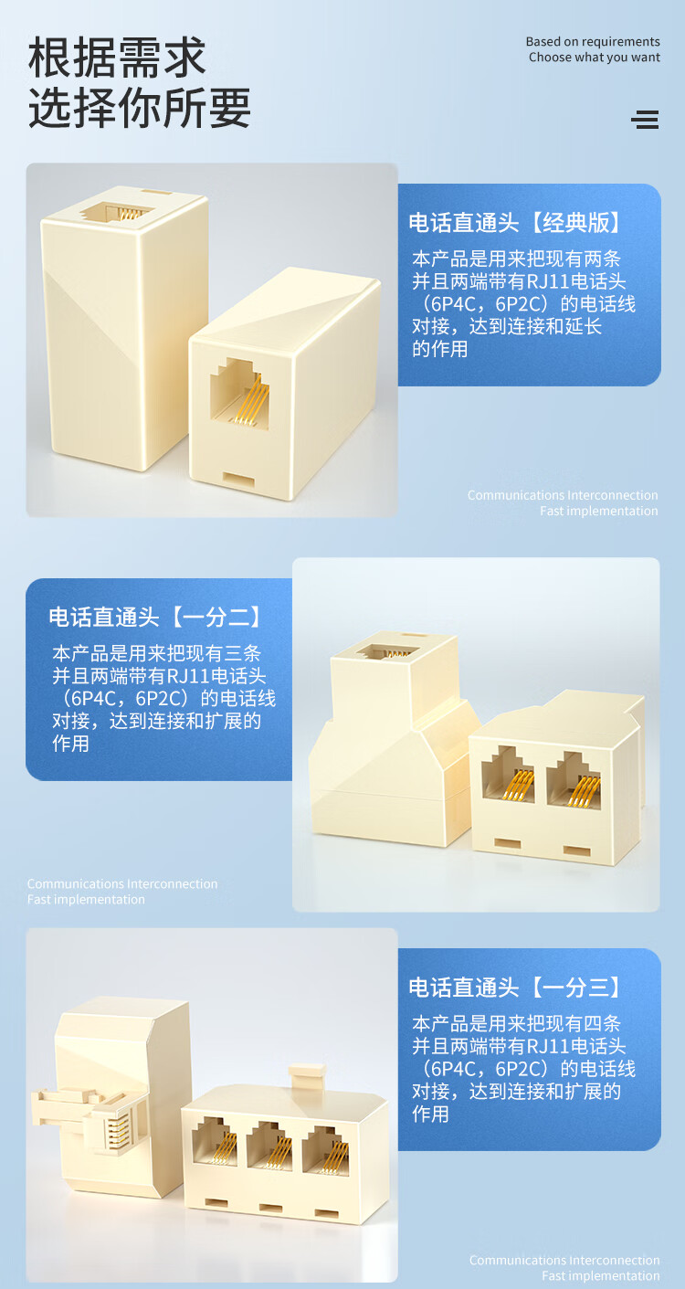 SAMZHE 山泽电话线一分二延长器RJ11直通三通头分支分线器1分2转接盒转接头口SZ-6002三个装1230164
