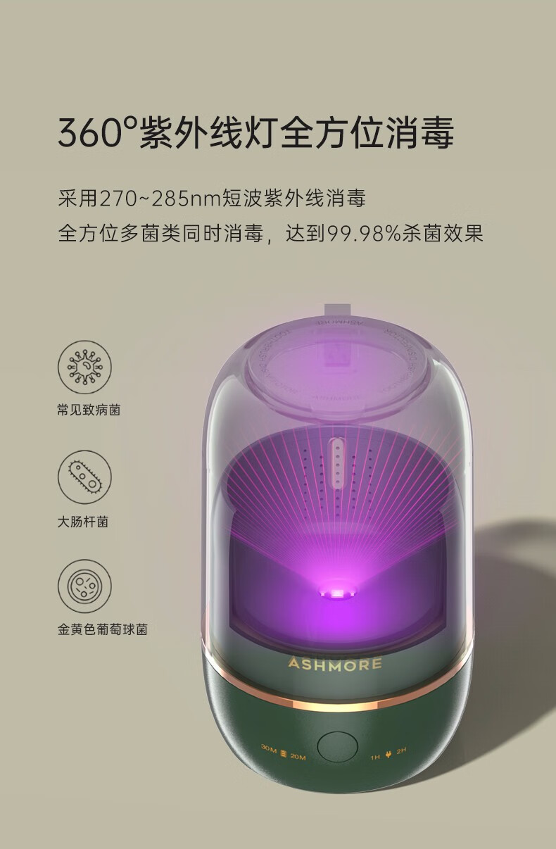 艾诗摩尔（ASHMORE）紫外线牙刷消毒器 智能无菌烘干杯 消毒烘干二合一 AS-SH01 复古绿