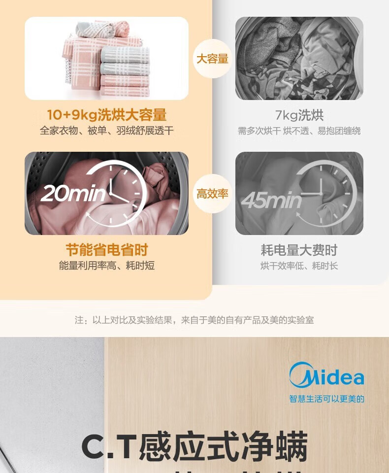 Midea洗烘套装热泵烘干机除菌除螨 95°桶自洁 变频电机预约定时 MG100VT55DY+MH90-H03Y