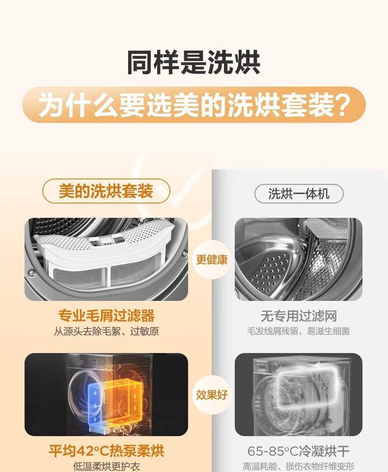 Midea洗烘套装热泵烘干机除菌除螨 95°桶自洁 变频电机预约定时 MG100VT55DY+MH90-H03Y