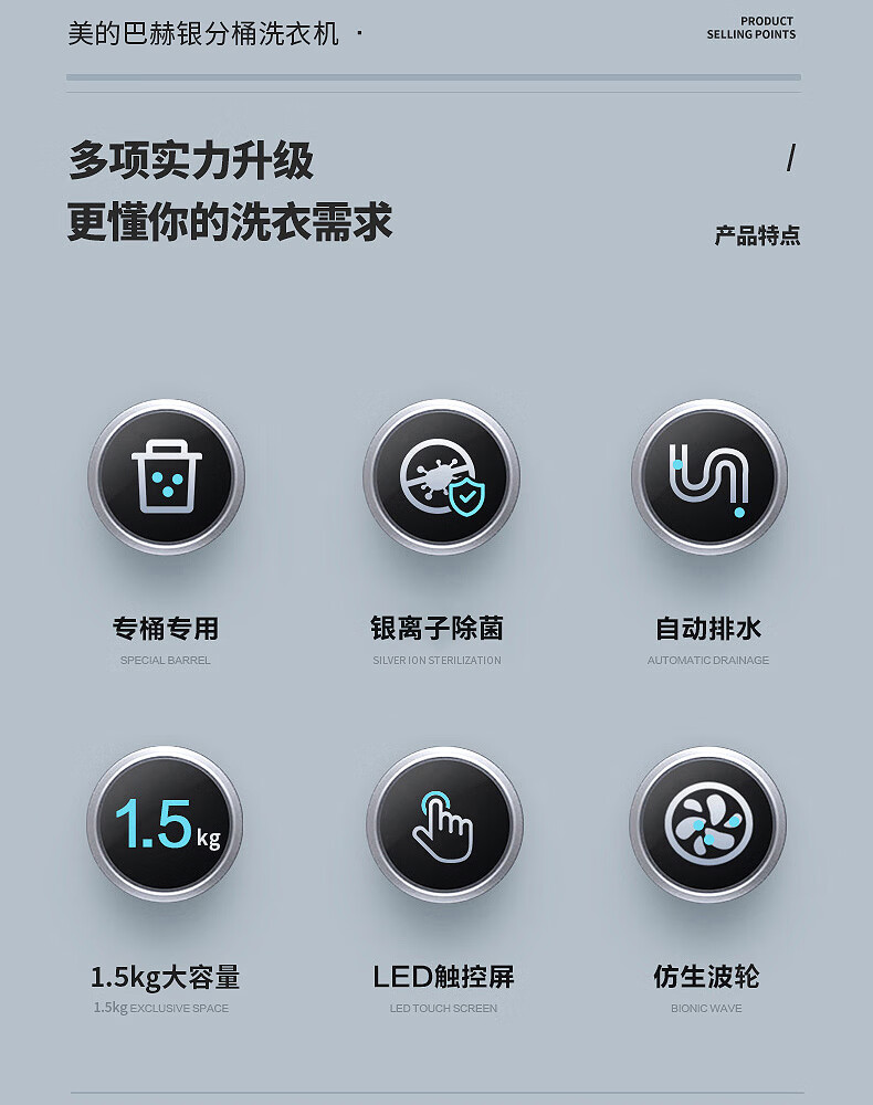 美的（Midea）内衣内裤分桶洗衣机便携式婴儿童衣服清洗机1.5KG触控迷你洗袜子神器（一机二桶） MFB15-32S