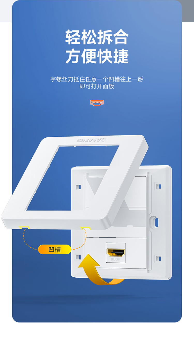SAMZHE 山泽HDMI86面板边框3口免焊接墙壁插座装修配套弯头母对母模块面板多功能86型模块SZ-HDMI02