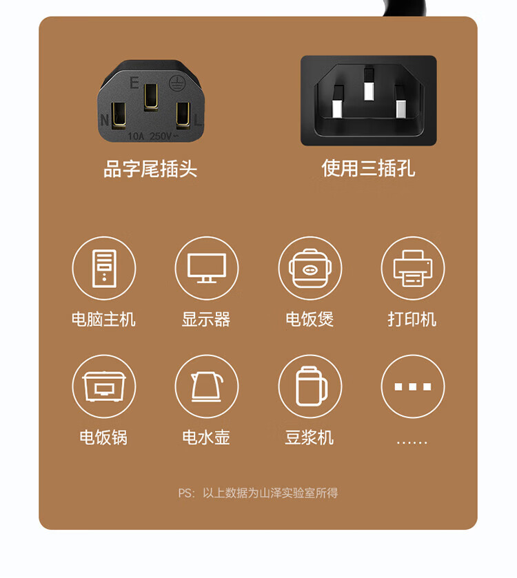 SAMZHE 山泽主机国标电源线品字尾三孔电源连接线适用主机显示器电饭煲弯插头0.5米WTDY05