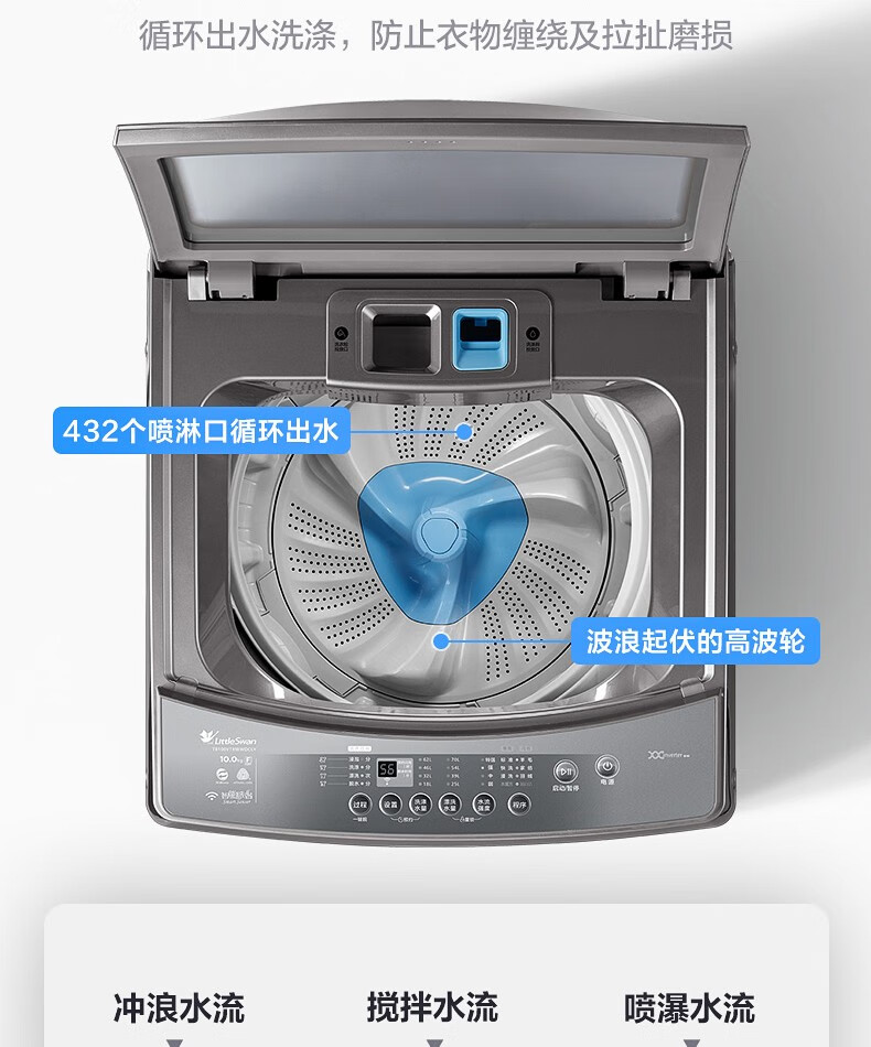 小天鹅（LittleSwan）波轮洗衣机全自动10公斤大容量家用变频水魔方防缠绕直驱无孔内桶TB100VT818WDCLY