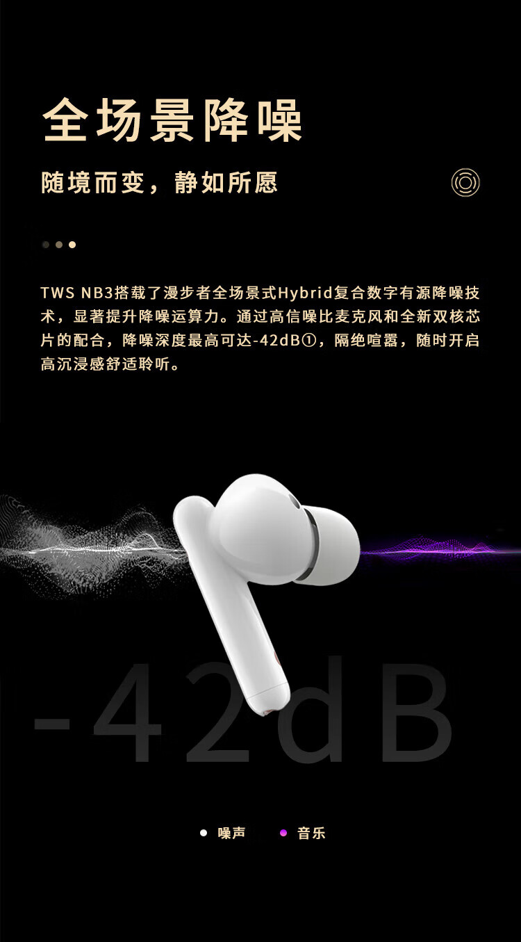 漫步者 (EDIFIER) TWS-NB3 真无线降噪蓝牙耳机 主动降噪 通用苹果安卓手机 曜光黑 EDF280014