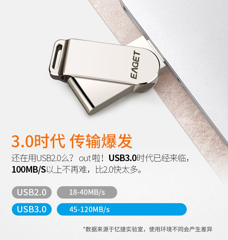 忆捷（EAGET）F60 USB3.0 U盘 高速全金属360度旋转车载优盘网红音乐盘 64GB