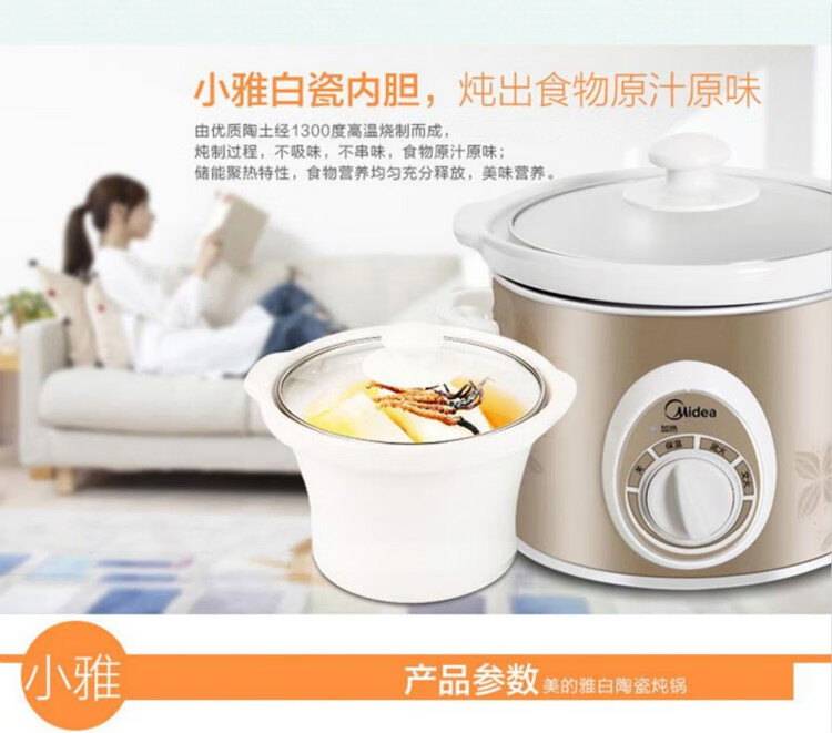 Midea美的电炖锅家用2L迷你小型文武双火婴儿辅食营养多功能煲汤锅陶瓷燕窝炖盅BGH20A 白瓷内胆