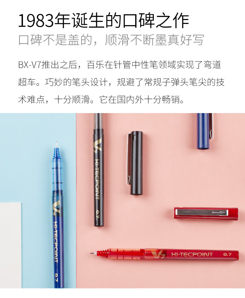 百乐（PILOT） 中性笔针管笔水笔办公财务笔签字笔0.7黑BX-V7-B单盒装（12支）
