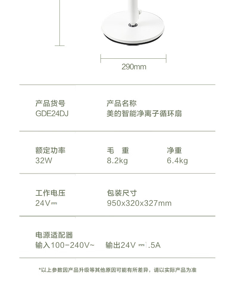 Midea美的GDE24DJ循环扇电风扇强风对流立摇头智能语音遥控落地升降净离子杀菌净化可拆洗 白色