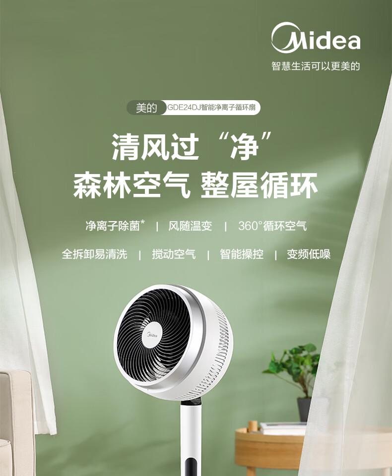 Midea美的GDE24DJ循环扇电风扇强风对流立摇头智能语音遥控落地升降净离子杀菌净化可拆洗 白色