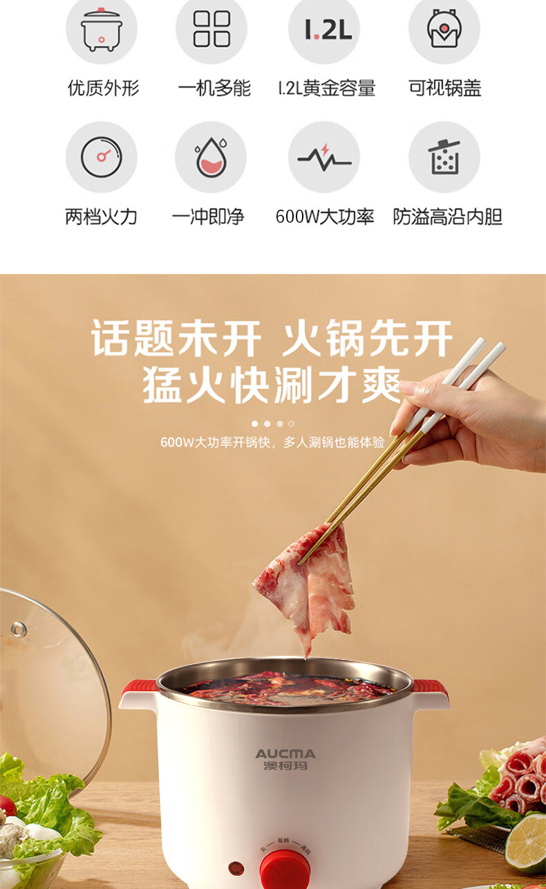澳柯玛（AUCMA）电煮锅 学生宿舍家庭办公室 通用小型煮锅 多功能电煮锅 白色 AKZZ-12T