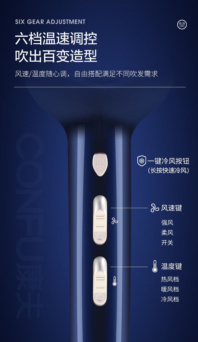 康夫（CONFU）家用电吹风机2300W大功率恒温护发 强劲大风力速干吹风筒 KF-8948 宝蓝色