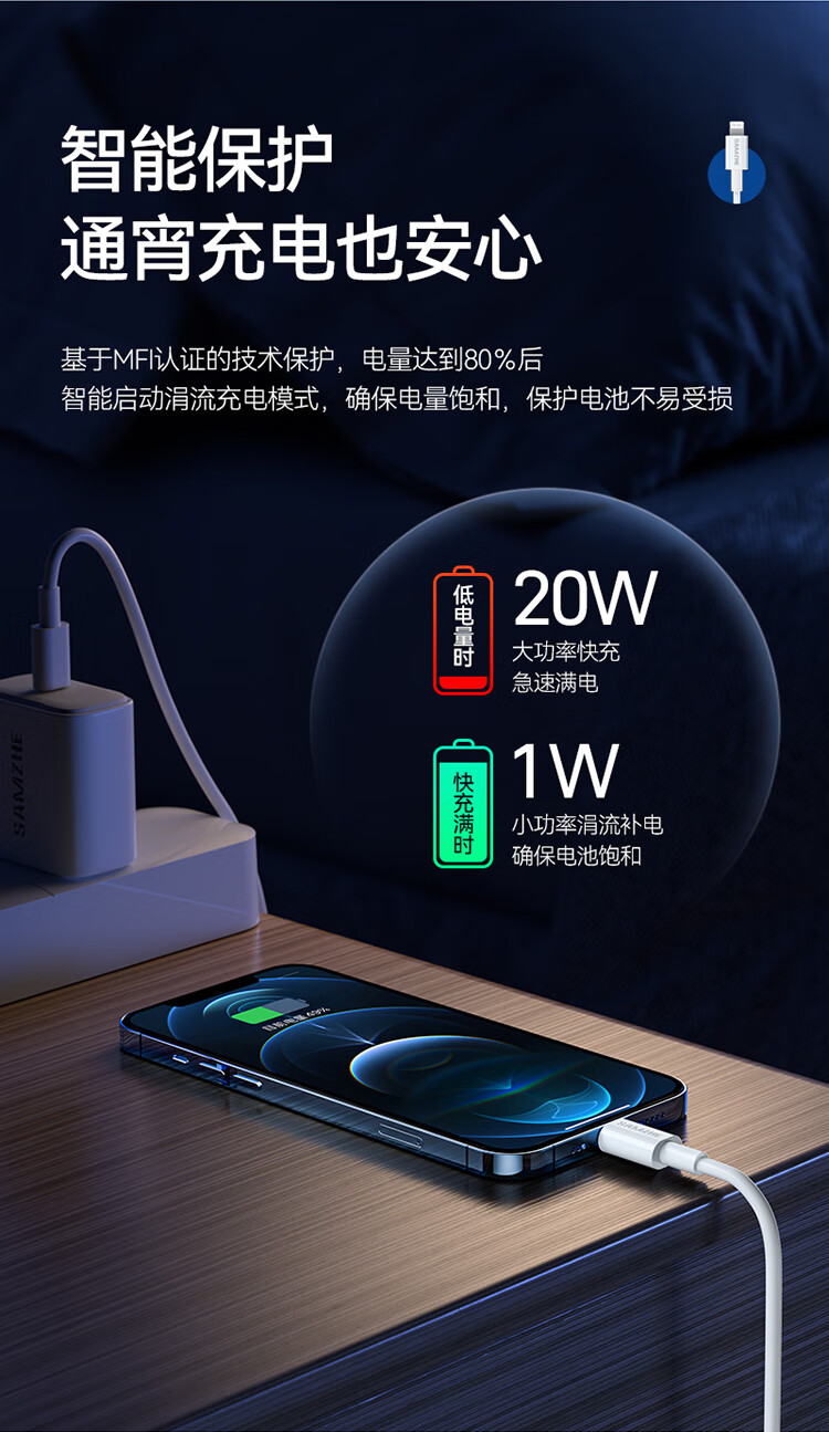 SAMZHE 山泽认证苹果快充PD20W通用iPhone13/12Pro/11手机iPadUSB-C充电器快充线1米CLM10