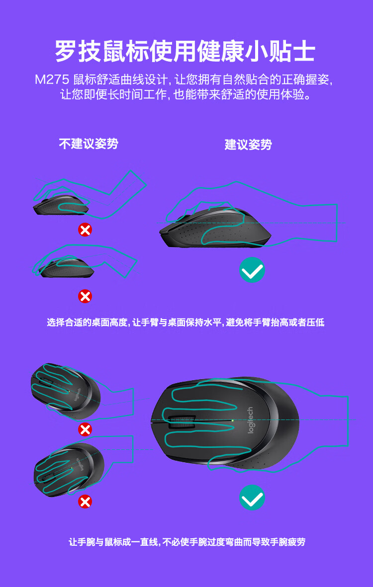 罗技（Logitech）M275鼠标 无线鼠标 办公鼠标 右手鼠标 白色