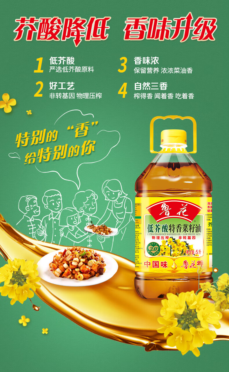 鲁花 食用油 低芥酸特香菜籽油2L