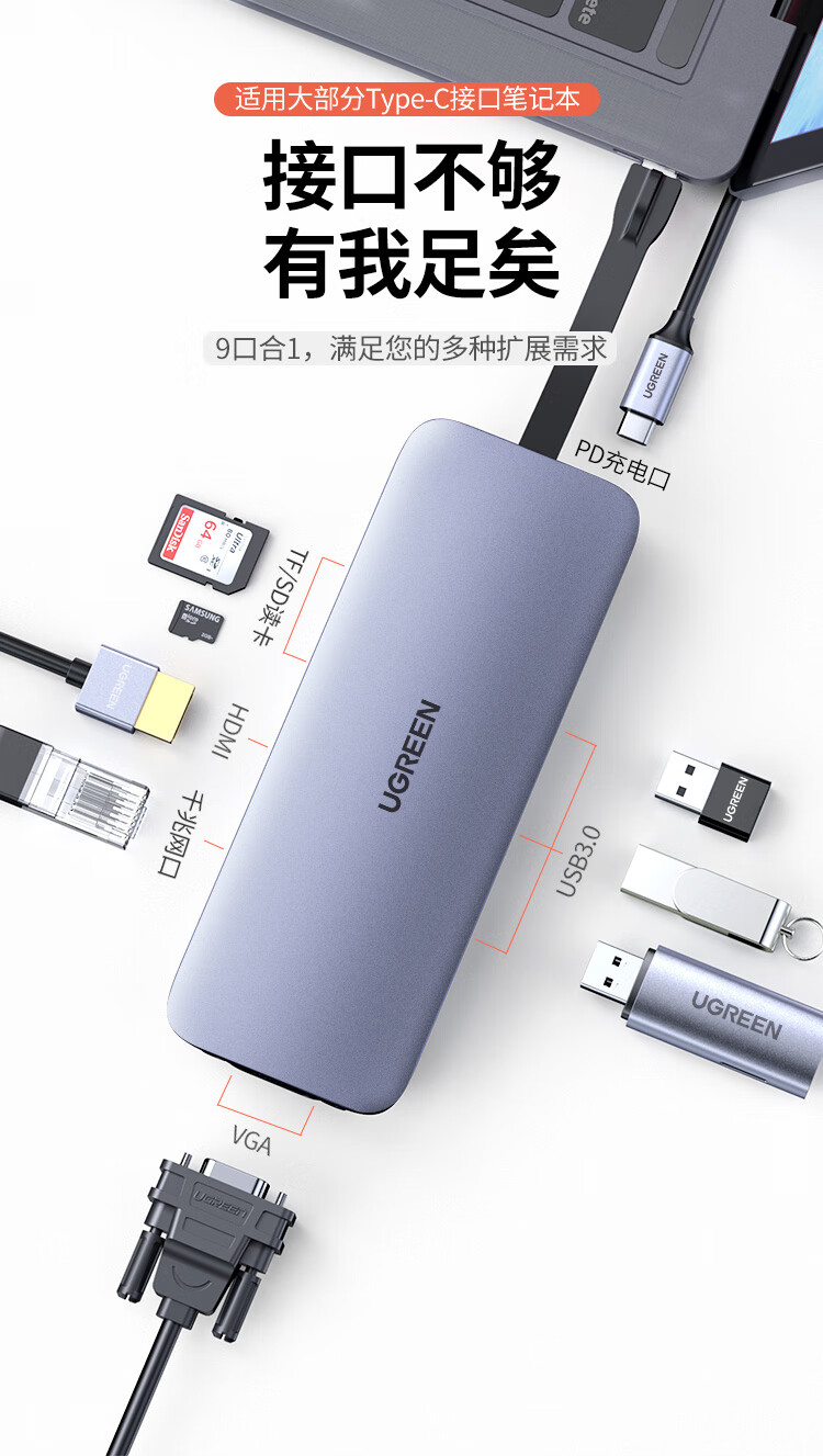 绿联（UGREEN）Type-C适用苹果电脑雷电3拓展坞转换器USB-C分线器 9合1（HDMI+VGA+读卡器+网卡）70409