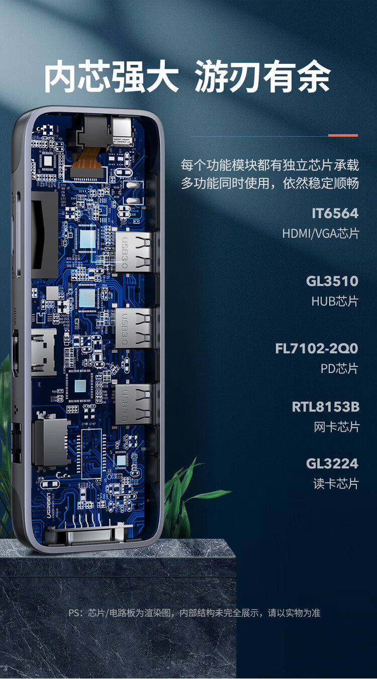 绿联（UGREEN）Type-C适用苹果电脑雷电3拓展坞转换器USB-C分线器 9合1（HDMI+VGA+读卡器+网卡）70409