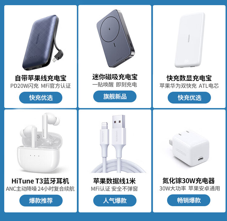 绿联（UGREEN）充电宝快充10000毫安时 苹果PD20W快充华为22.5W 轻薄便携\-浅雾灰60689