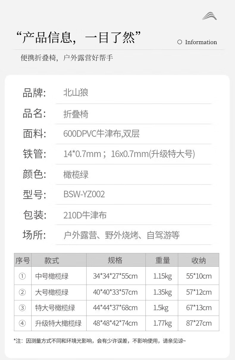 北山狼（BSWolf）户外折叠椅子便携式露营钓鱼凳子靠背折叠凳 中号橄榄绿