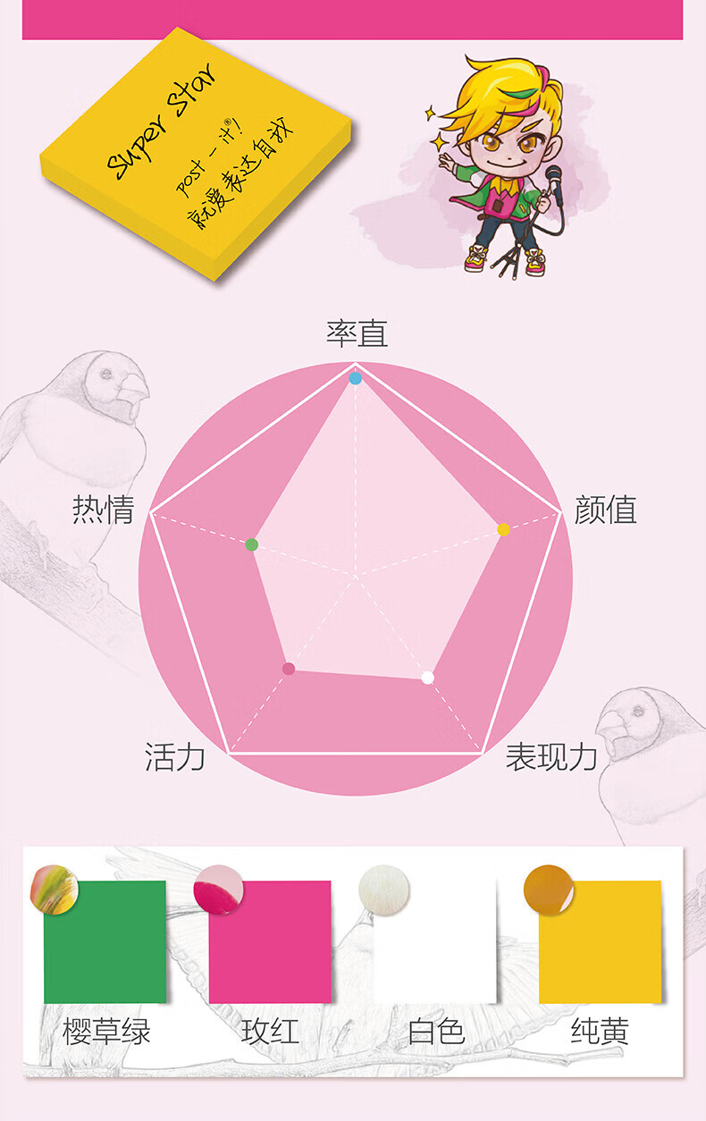 3M 色彩故事系列便利贴 便条纸/报事贴/便签纸/便签本 办公用品 6包装 654-4SS-MC-8 炫色鸟
