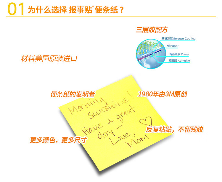 3M 经典系列便利贴 便条纸/报事贴/便签纸/便签本 办公用品 3包装 654M1 荧光彩色