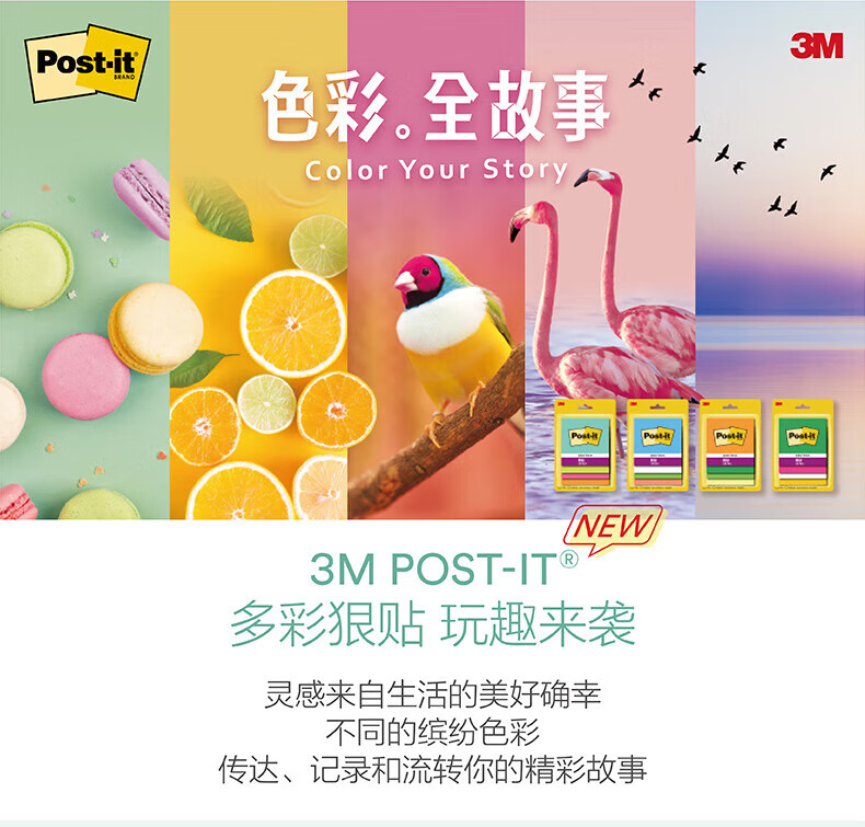 3M 色彩故事系列便利贴 便条纸/报事贴/便签纸/便签本 办公用品 6包装 654SS-MC-6 大橘大利