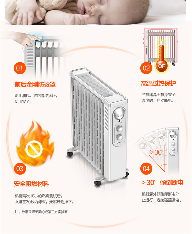 Midea美的Midea美的 NY2513-16FW取暖器油汀恒温加宽13片家用 电暖器电热器制暖 2200瓦