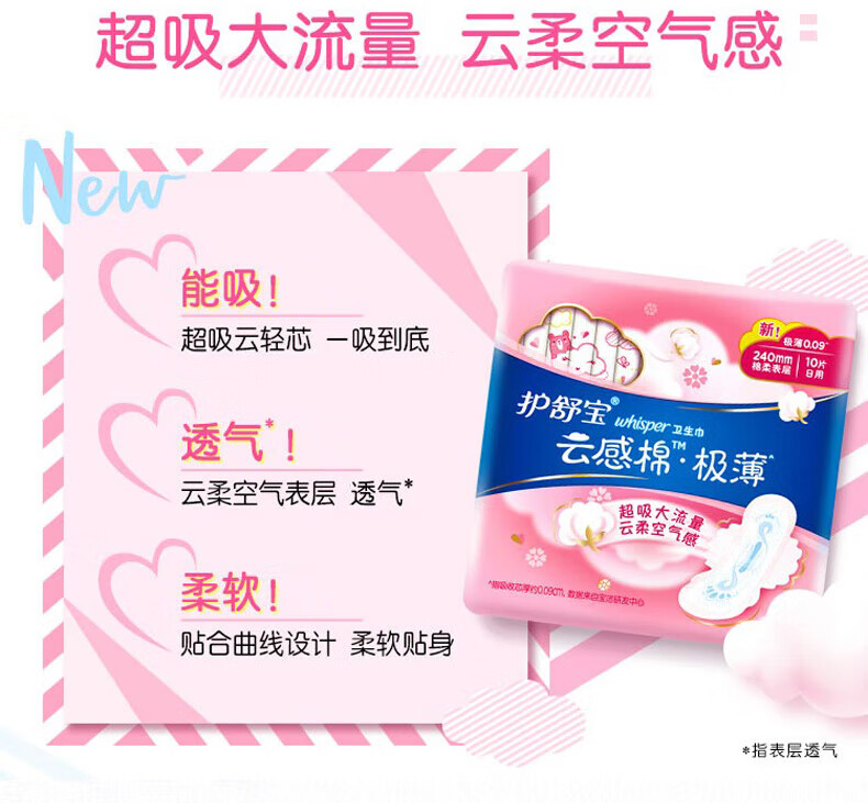护舒宝卫生巾云感棉极薄日用240mm20片秒吸云感棉极薄量大284mm10片