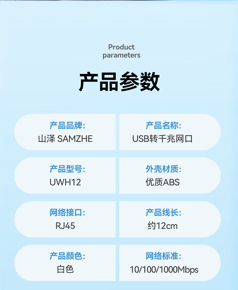 SAMZHE 山泽USB转网口千兆网卡RJ45网线转接头适用笔记本小米盒子接外置网口转换器UWH12白