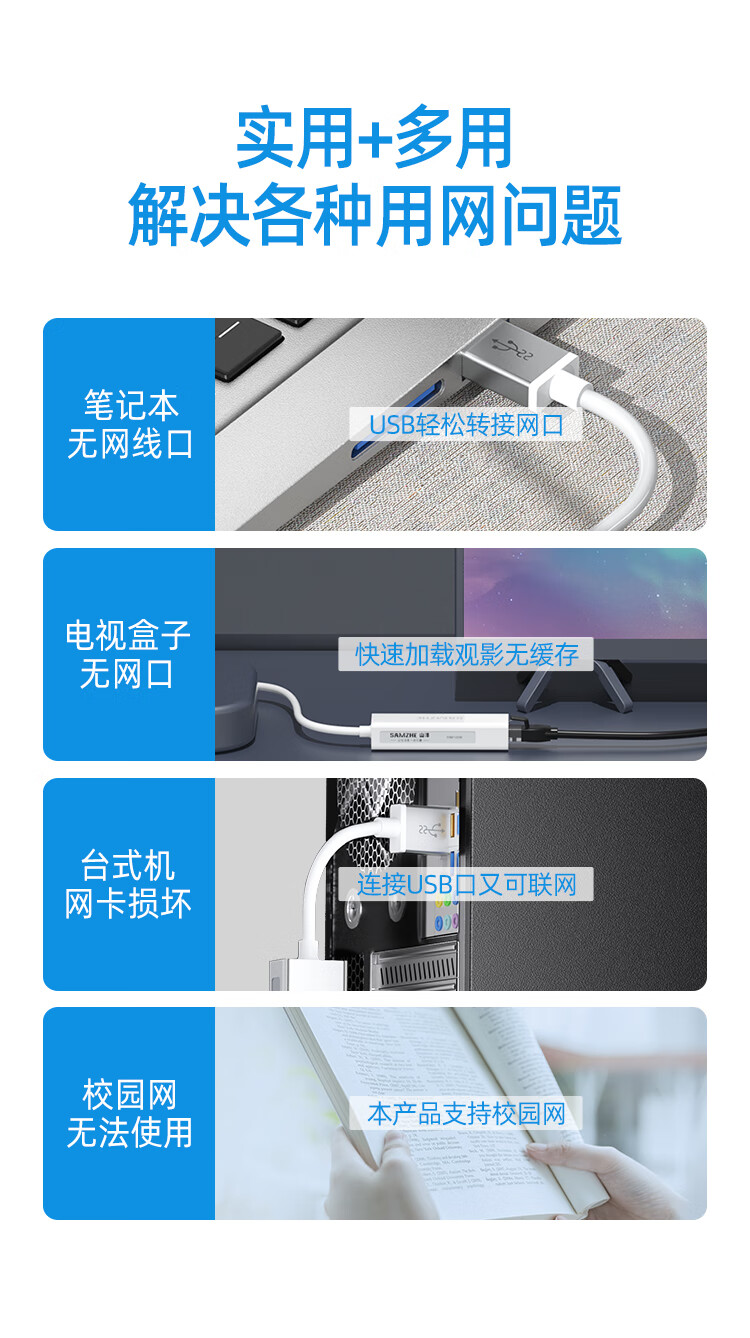 SAMZHE 山泽USB2.0转RJ45网线接口百兆有线网卡转换器适用苹果华为笔记本外置网线转接头银UWH11