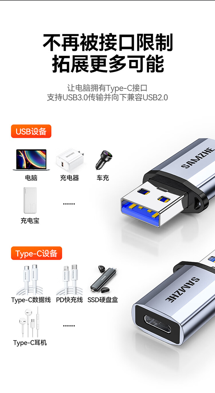 SAMZHE 山泽USB3.0公转Type-C母转换器USB-C数据线转接头接USB充电器车充适用手机接笔记本CL81