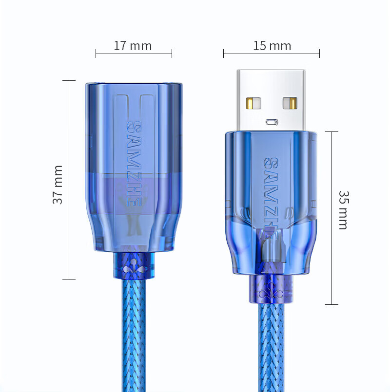 SAMZHE 山泽USB2.0高速传输数据延长线公对母AM/AF数据连接线U盘鼠标键盘加长线透明蓝3米BL-930