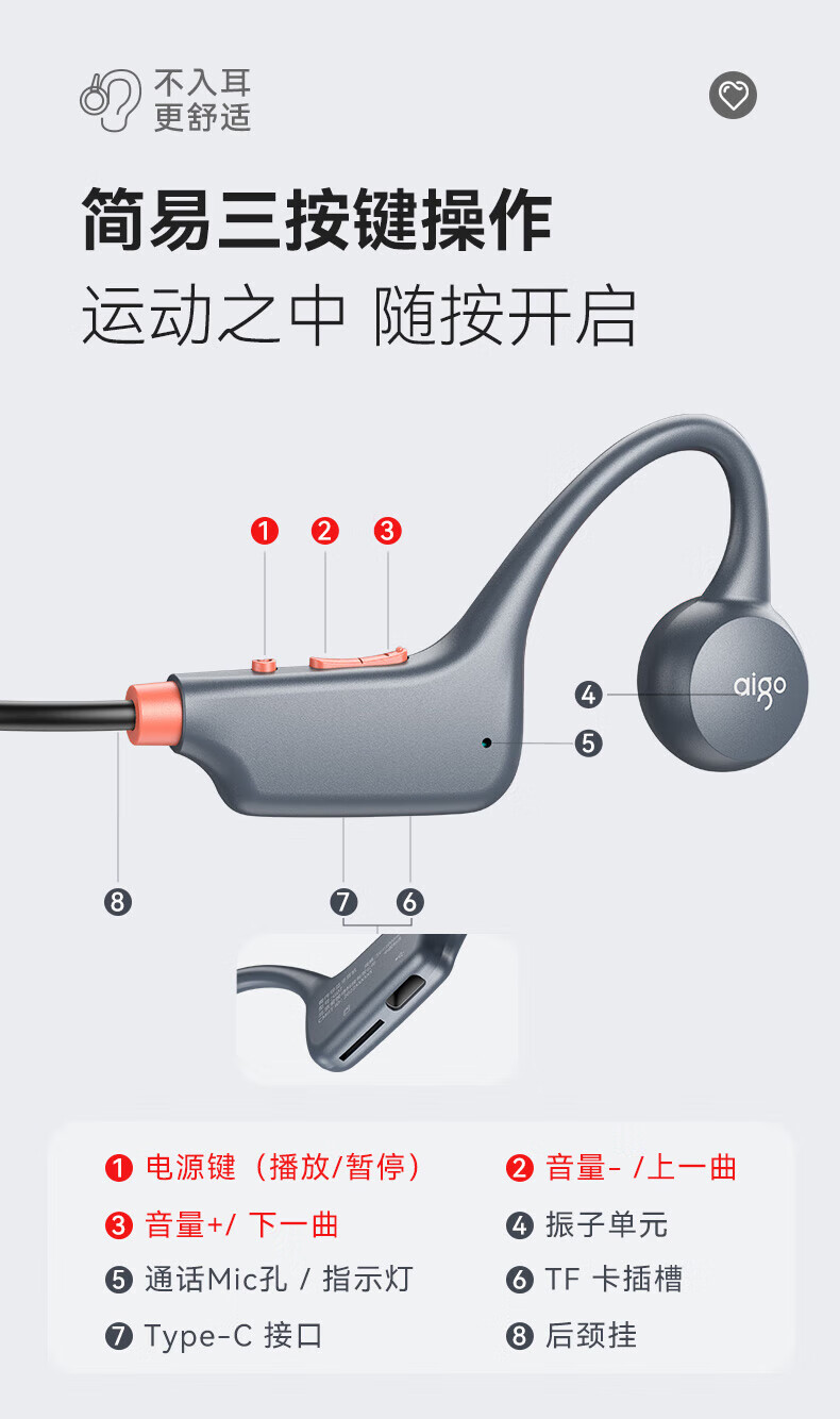 aigo爱国者 蓝牙耳机骨传导耳机 运动骑行不入耳跑步无线挂耳式耳机适用苹果华为安卓手机 G07 珠光白
