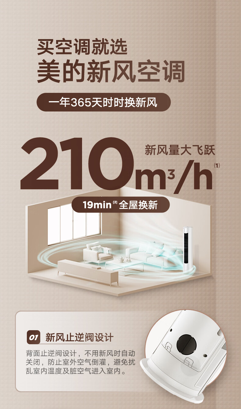 Midea2匹新风空调新风量210m?/h焕新风新一级变频冷暖客厅立式柜机KFR-51LW/N8MKA1A
