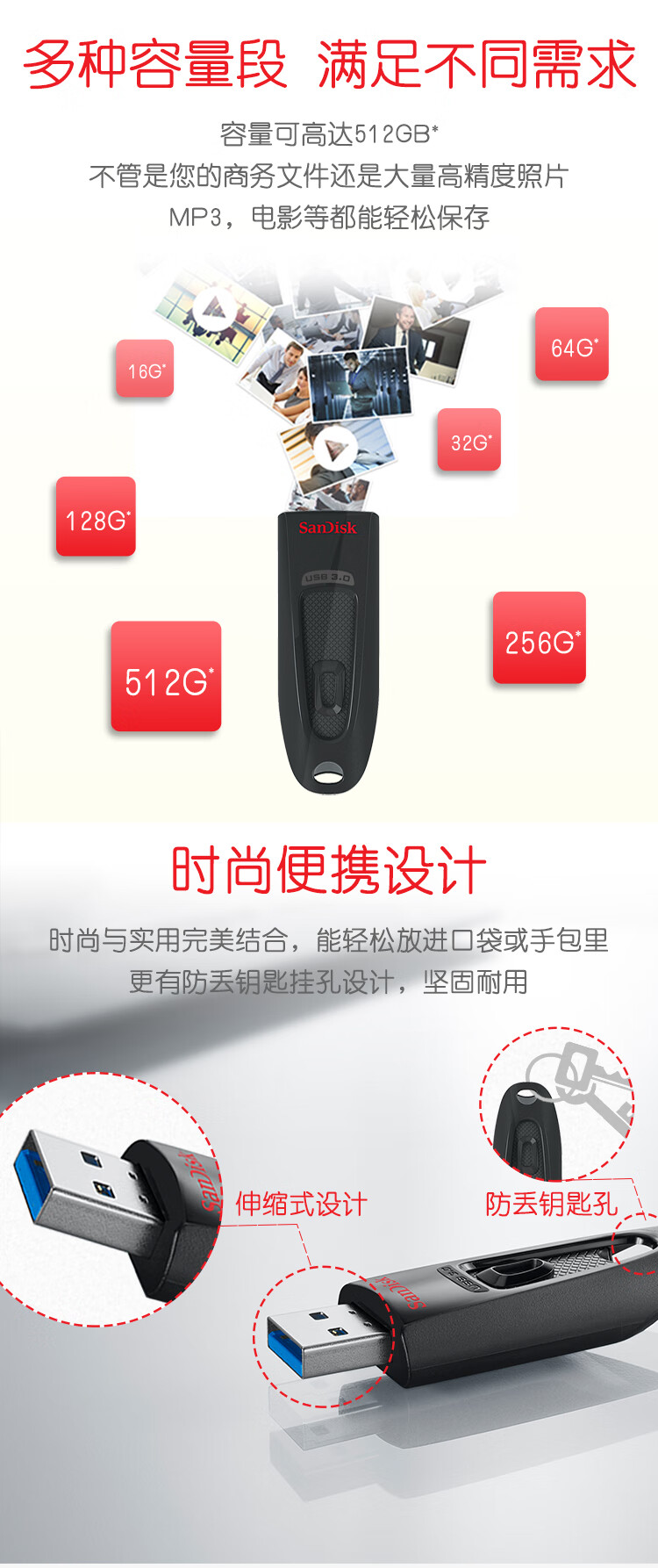 闪迪(SanDisk)64GB USB3.0 U盘 CZ48至尊高速 黑色 读速130MB/s 经典USB3.0 U盘 安全可靠
